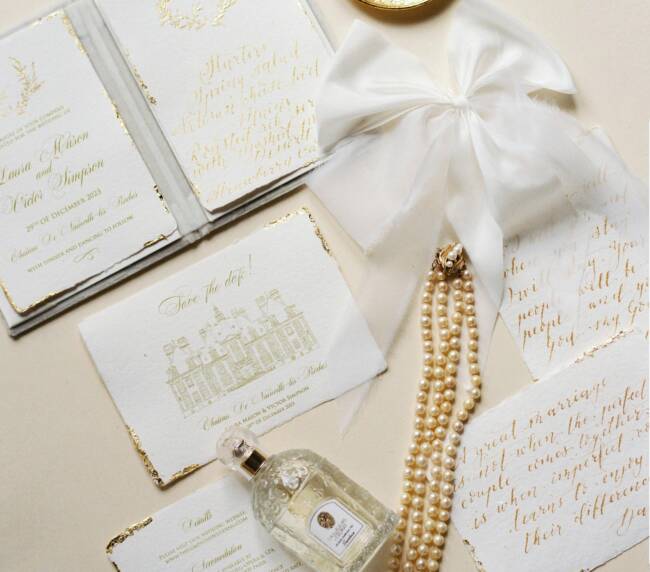 Chic flat lay of an elegant wedding set with pearls and perfume.